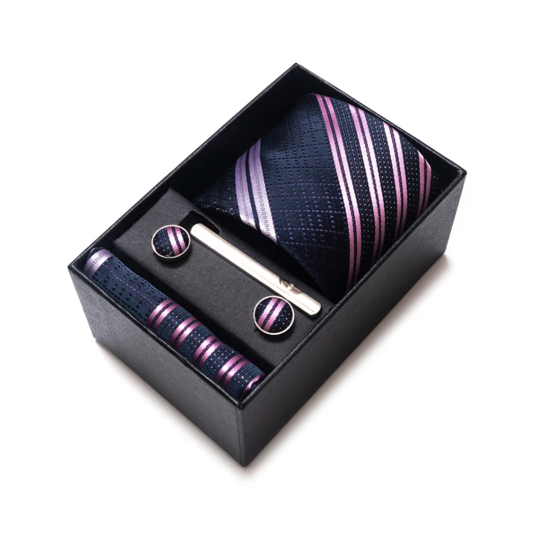 Axton London – Navy with Lilac and Silver Striped Silk Tie Set | Classic Men’s Accessories
