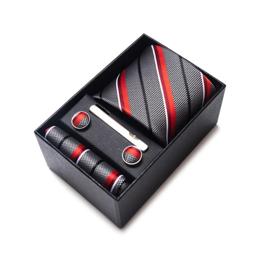 Axton London – Charcoal Grey with Crimson and White Striped Silk Tie Set | Classic Men’s Accessories