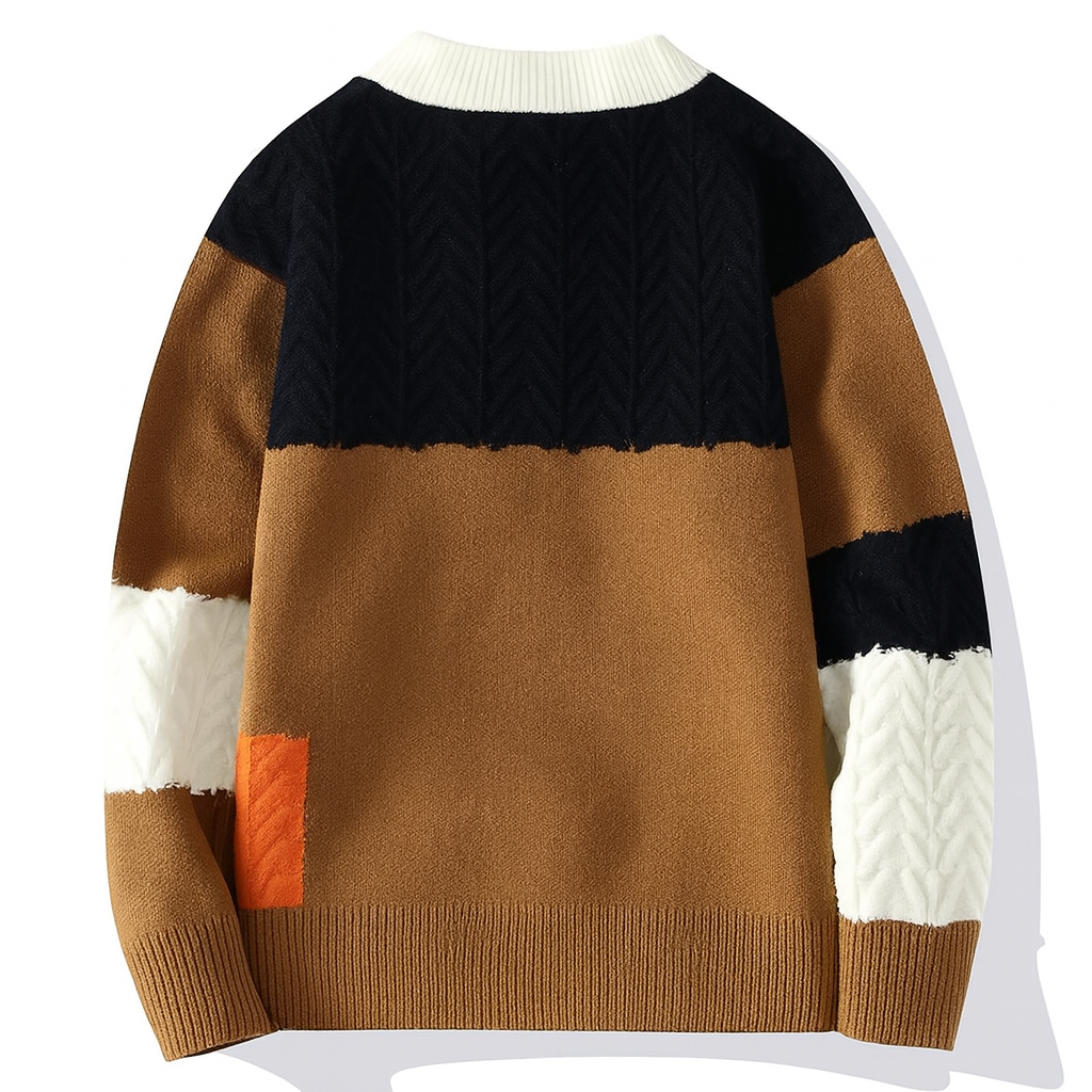 Axton London Brown Patchwork Knit Sweater – Casual O-Neck Winter Pullover