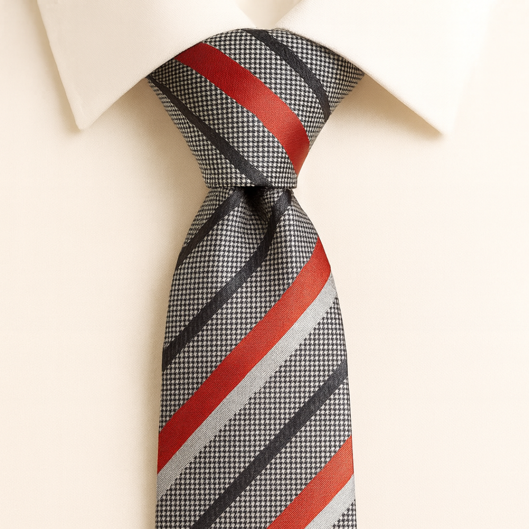 Axton London – Charcoal Grey with Crimson and White Striped Silk Tie Set | Classic Men’s Accessories