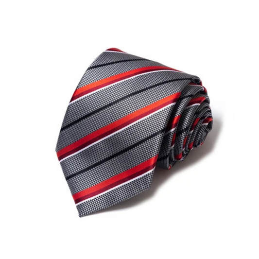 Axton London – Charcoal Grey with Crimson and White Striped Silk Tie Set | Classic Men’s Accessories