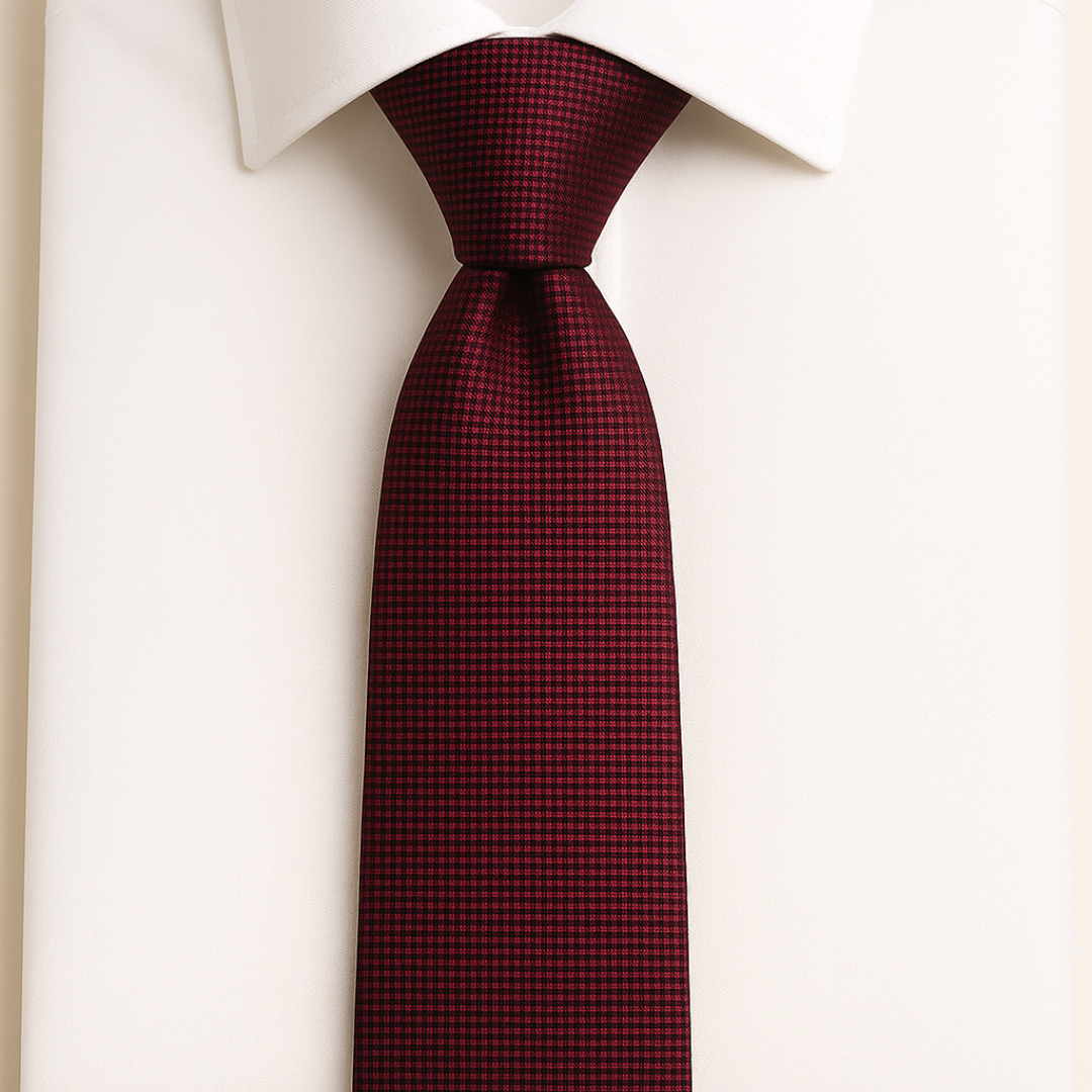 Axton London – Classic Silk Tie Set in Deep Burgundy with Black Micro-Check | Handmade Elegance