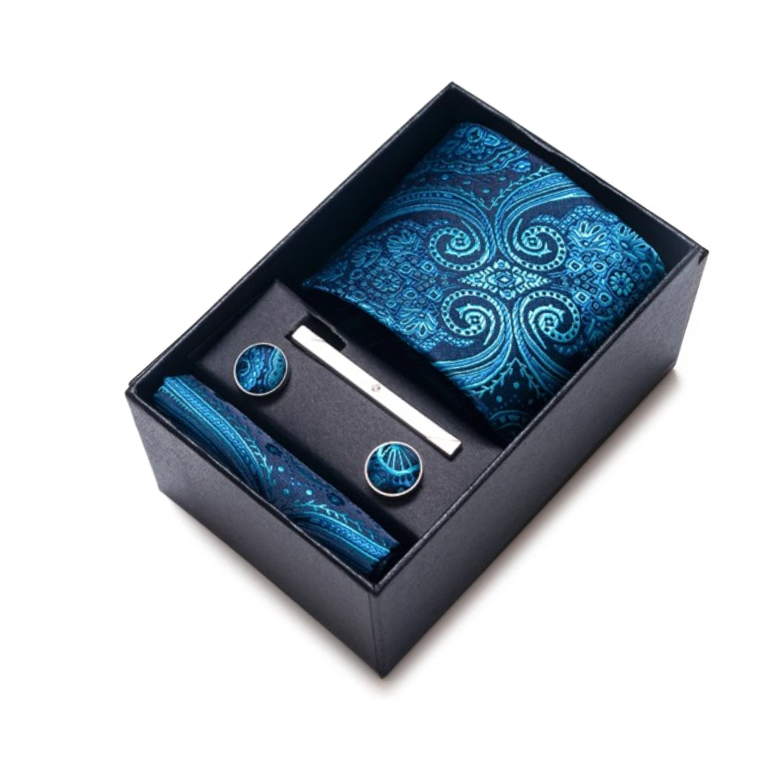 Axton London – Teal & Navy Baroque Silk Tie Set | Luxury Men’s Accessories