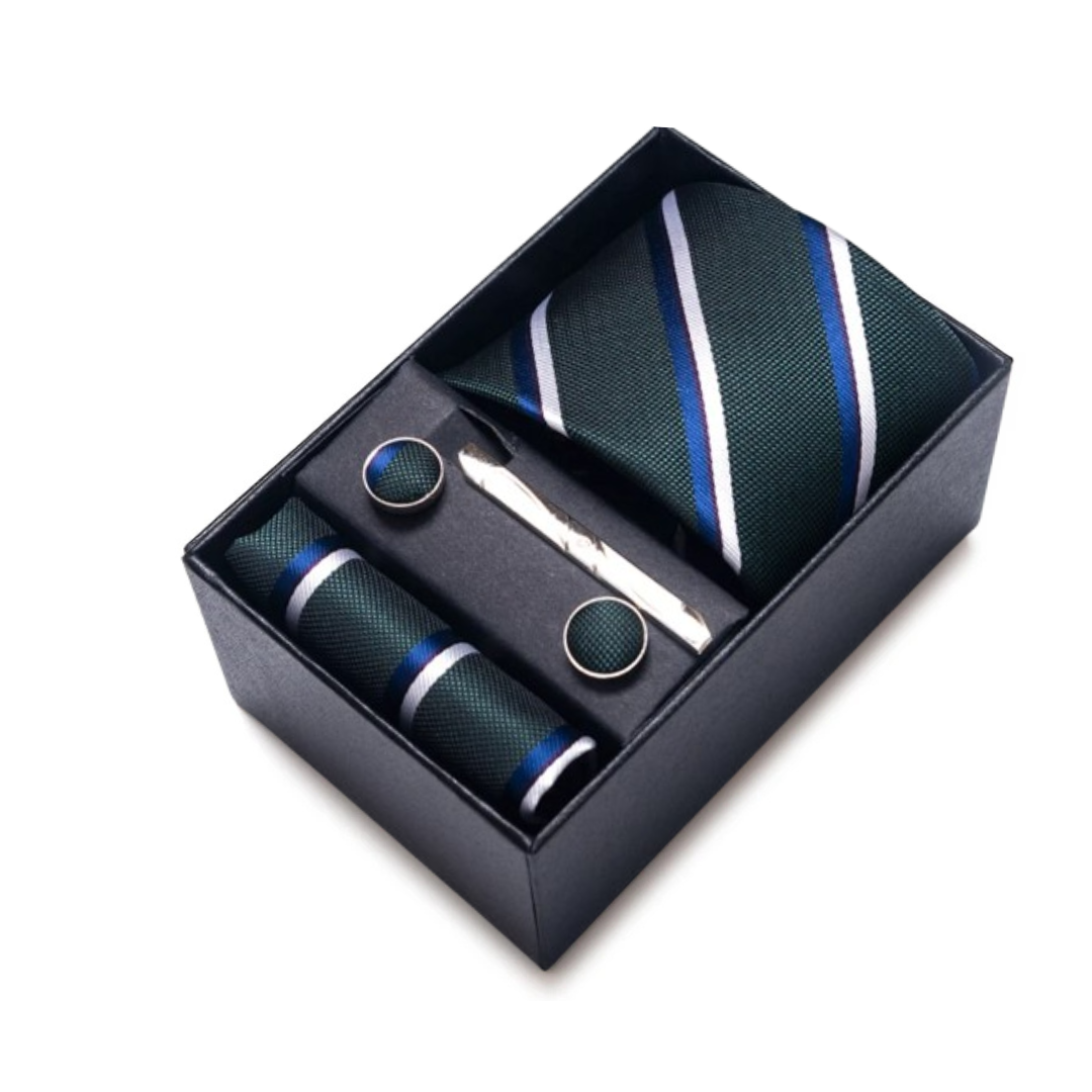 Axton London – Forest Green Striped Silk Tie Set | Luxury Men’s Accessories