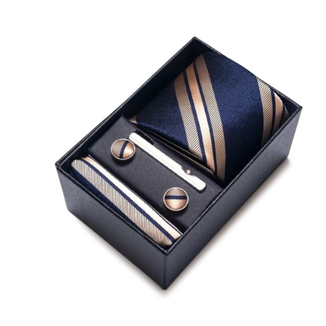Axton London – Navy with Champagne-Gold Striped Silk Tie Set | Luxury Men’s Accessories