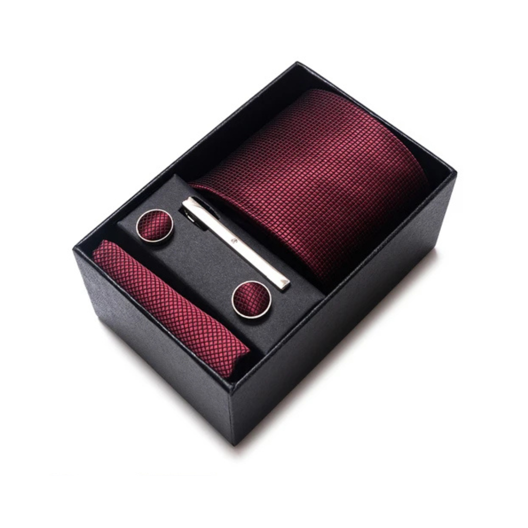 Axton London – Classic Silk Tie Set in Deep Burgundy with Black Micro-Check | Handmade Elegance