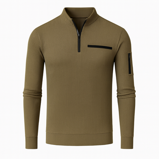The Kensington Polo Deep Khaki Edition – Striped Long-Sleeve Polo | Axton London