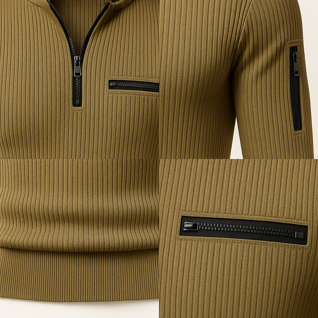 The Kensington Polo Deep Khaki Edition – Striped Long-Sleeve Polo | Axton London
