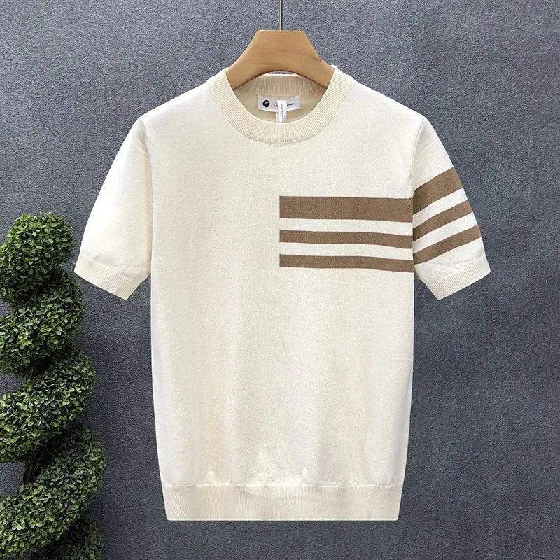 Axton Striped Knit Tee — Beige Apricot Edition