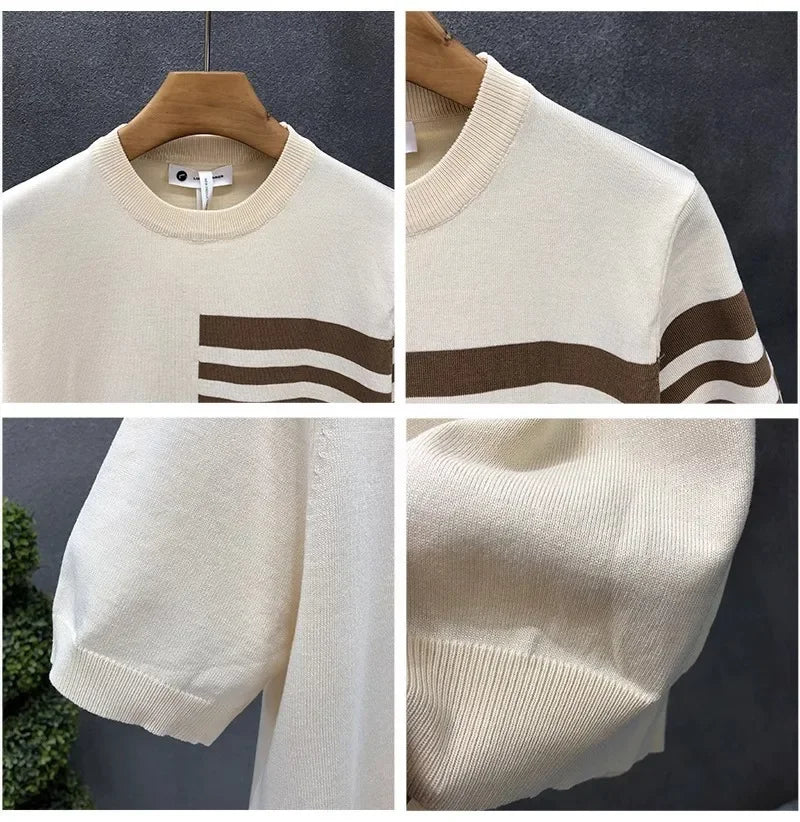 Axton Striped Knit Tee — Beige Apricot Edition
