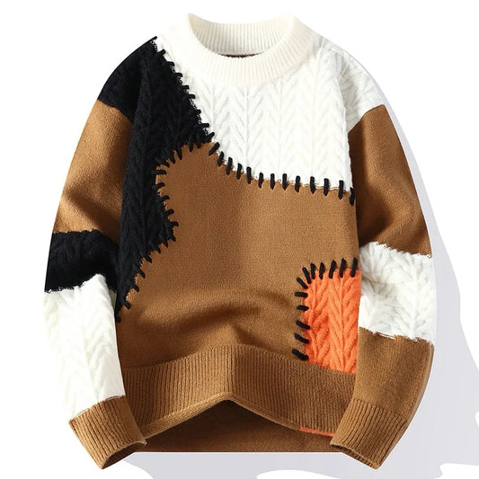 Axton London Brown Patchwork Knit Sweater – Casual O-Neck Winter Pullover