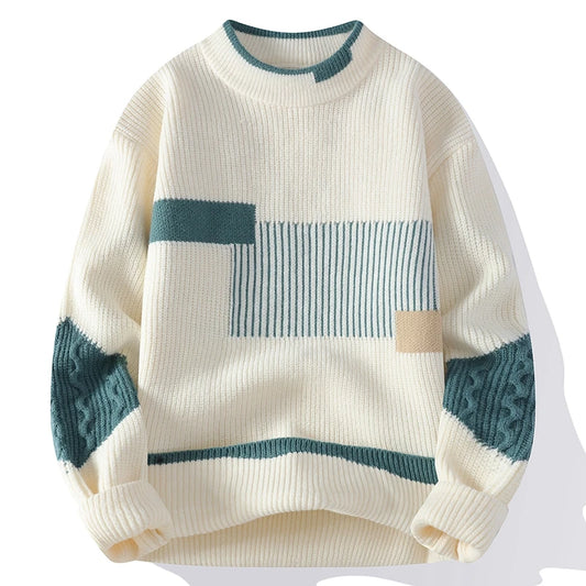 Axton London White Mock Neck Knitted Sweater – Patchwork Design