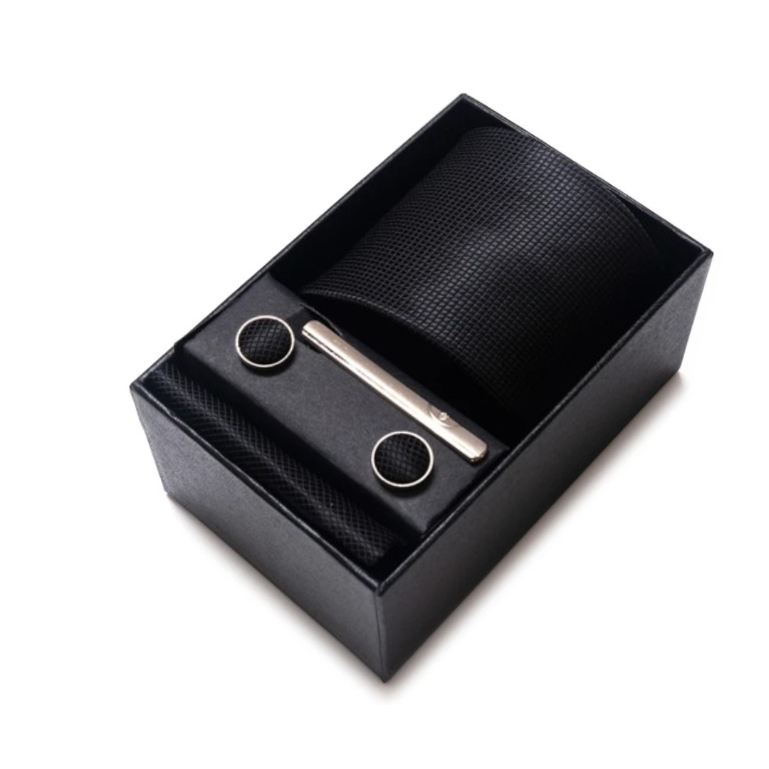 Axton London – Classic Black Textured Micro-Check Silk Tie Set | Timeless Men’s Accessories